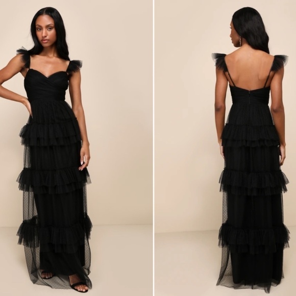 LULU's Layered Swiss Dots Tiered Ruffles Prom Special Event Maxi Dress - Picture 1 of 3